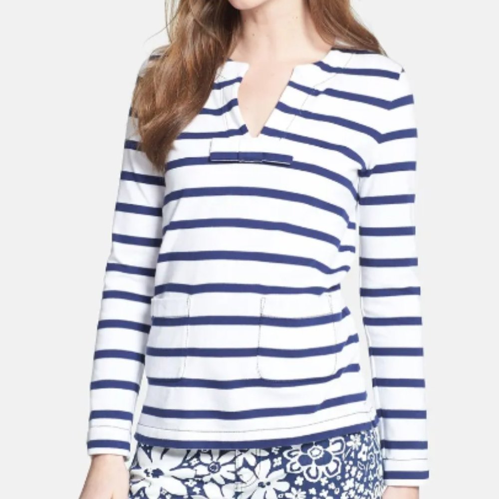 MOVING SALE- Kate Spade White and Blue Striped Tropez Top Bow 3/4 Sleeve